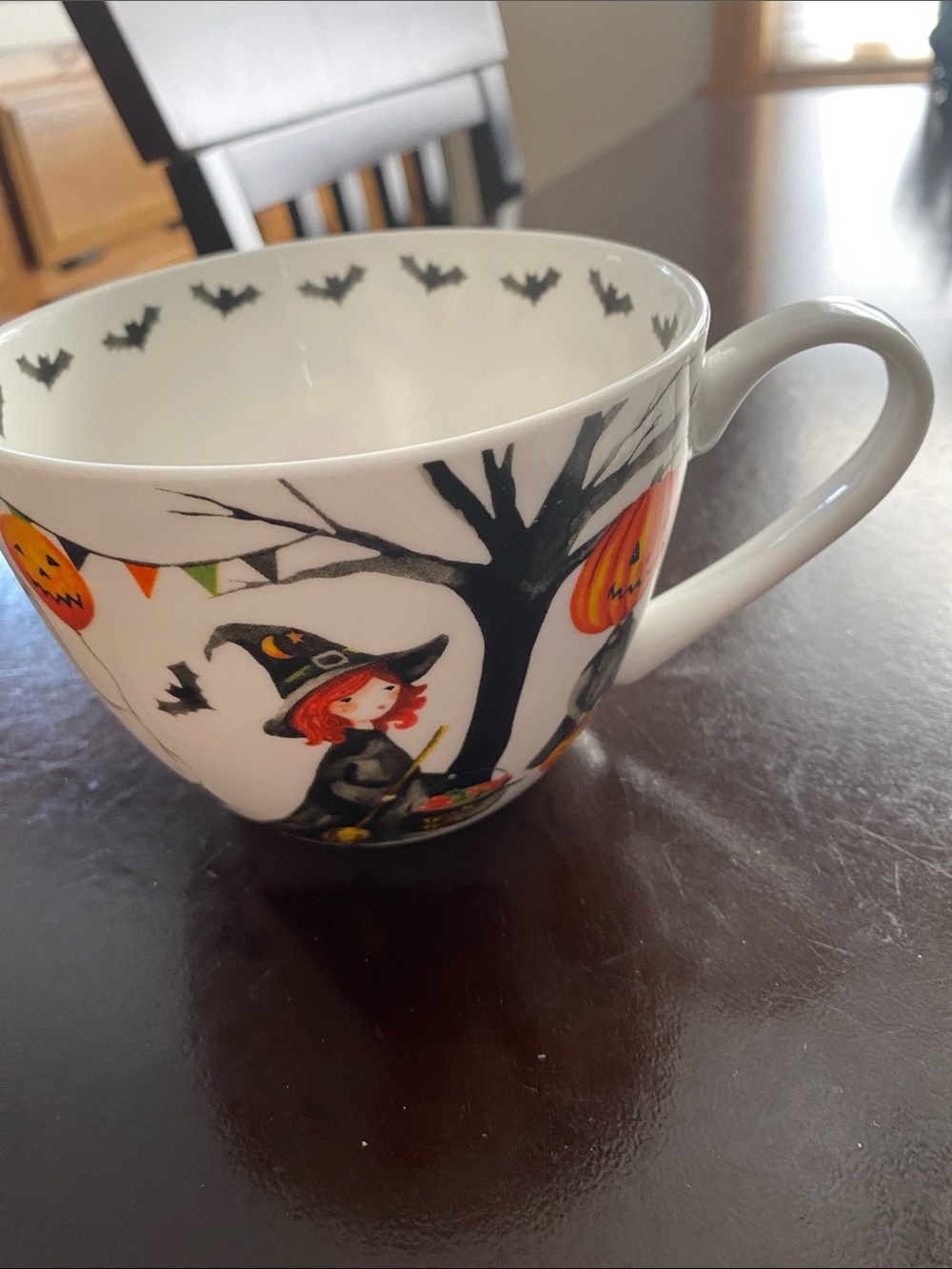 Halloween Witch and Jack-O'-Lantern Ceramic Mug - White with Orange and Black